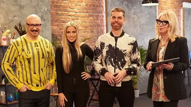 Paige with the Glow Up judges on set